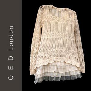 QED London Crochet knit cream long sleeve lined body layered sheer waist ruffles